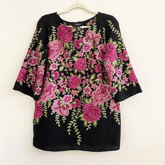 Karen Kane Embroidered Black Pink Floral 3/4 Sleeve Handkerchief Hem Top S - Picture 1 of 12